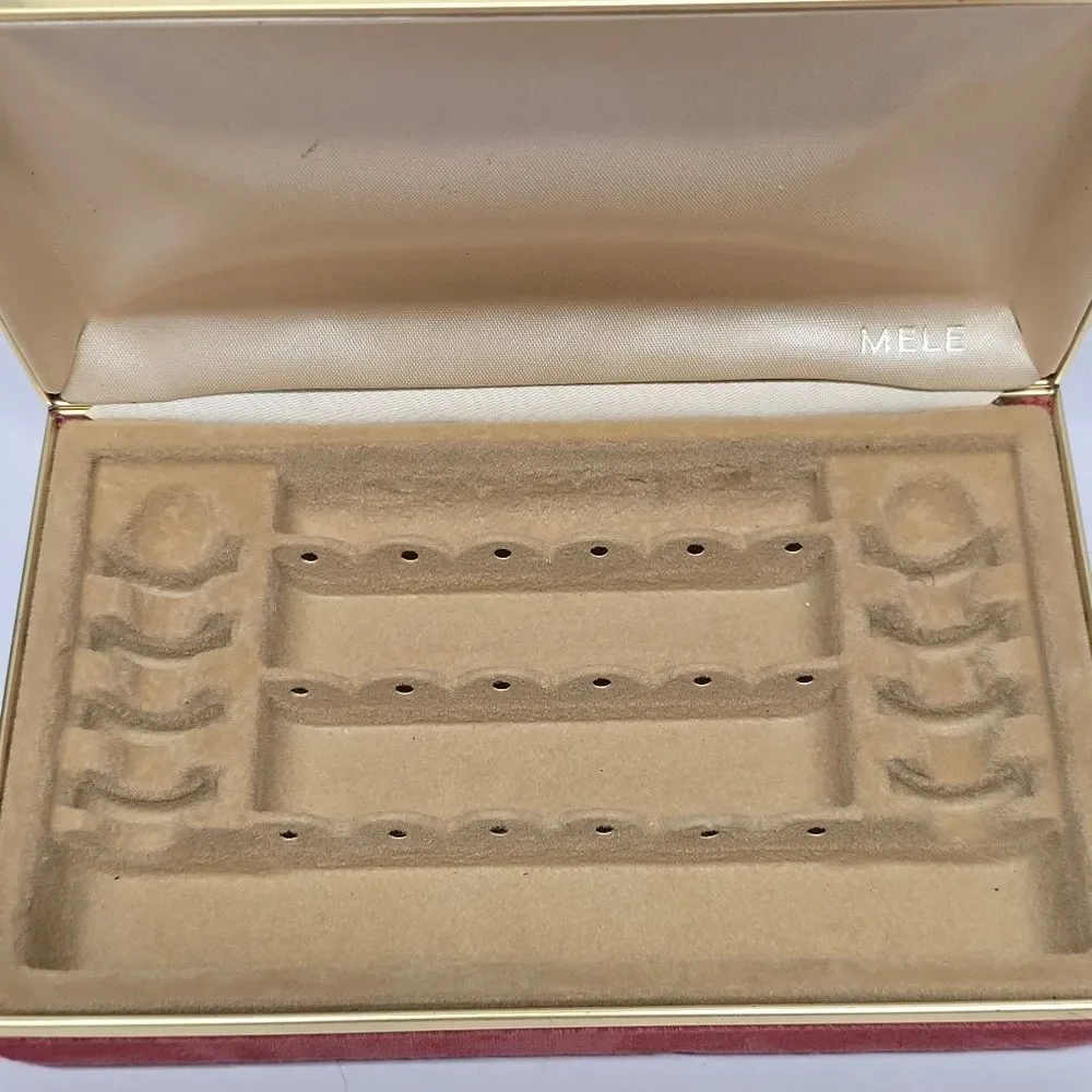 VINTAGE MELE JEWELRY TRAVEL BOX Organizer Cranberry Velour With Gold Accent
